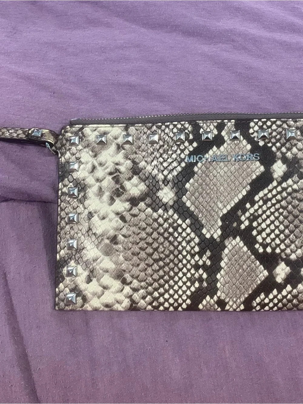 Michael Kors Snake-Print Studded Wristlet Clutch in Brown and Cream